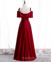 Burgundy Satin Beads Long Evening Prom Dresses, Burgundy Evening Prom Dresses